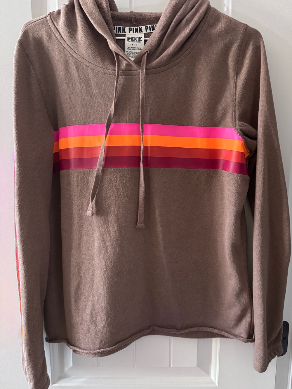 Victoria's Secret Relaxed Fit Brown Hoodie Sweater with Pink/Orange Stripes
